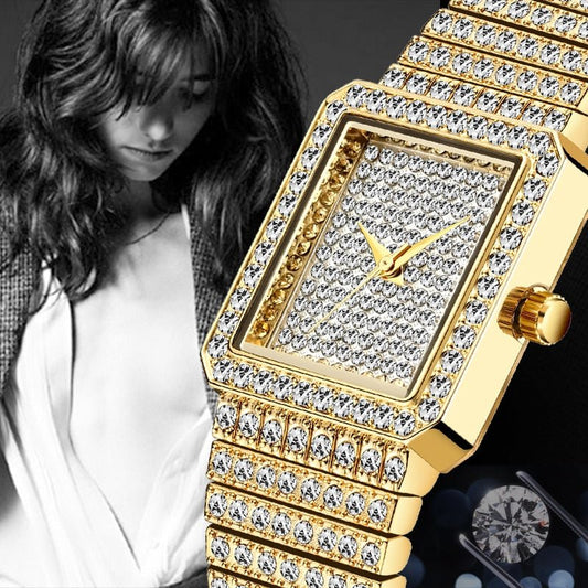 Diamond Watch For Women Luxury Brand Ladies Gold Square Watch Minimalist Analog Quartz Movt Unique Female Iced Out Watch-1