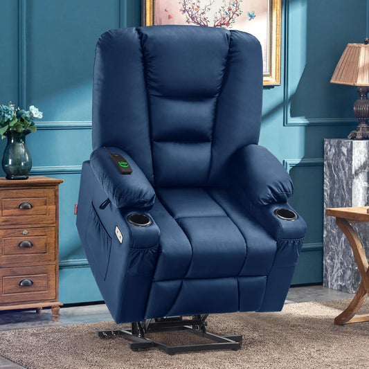 Large Power Lift Recliner Chair Sofa with Massage and Heat for Big and Tall Elderly People, 3 Positions, Cup Holders, and USB Ports, Faux Leather 7539 (Large, Navy Blue)-1