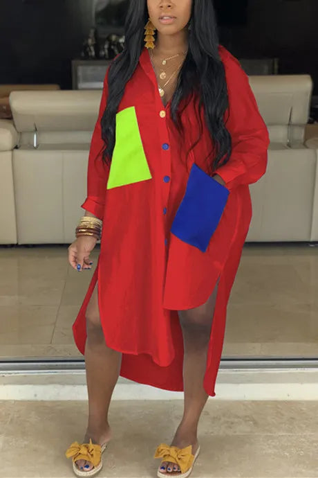 Fluorescent Green Fashion Shirt Stitching Pocket Dress