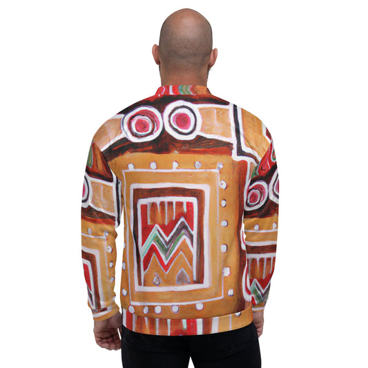 Mens Bomber Jacket - Brown Orange Green Aztec Pattern-1