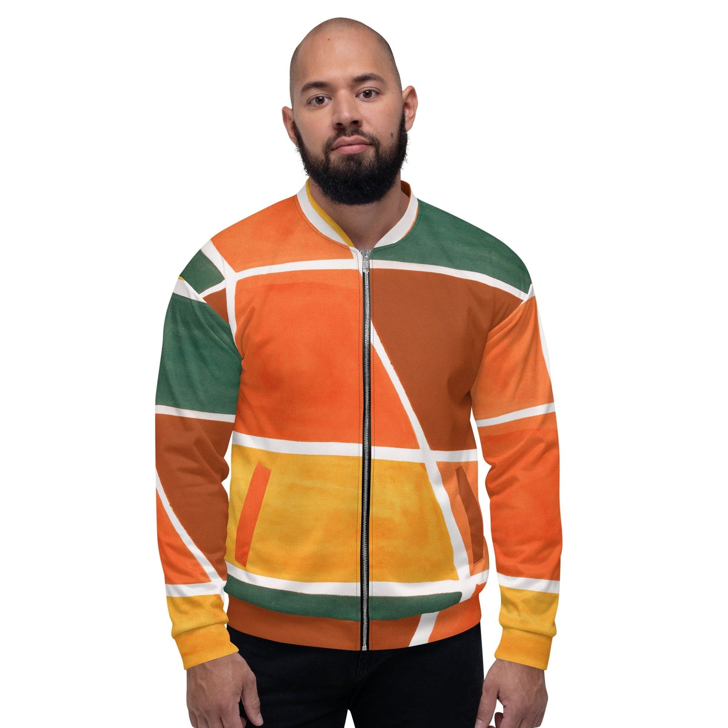 Mens Bomber Jacket - Orange Green Boho Pattern-4