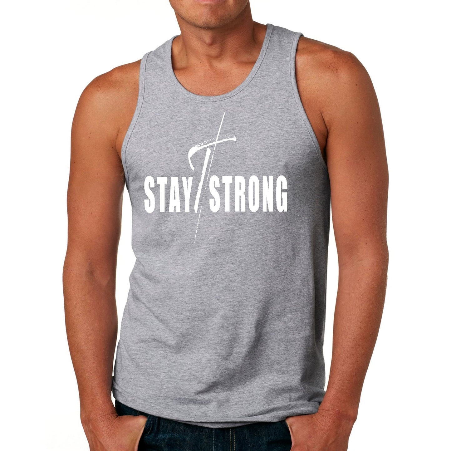 Mens Fitness Tank Top Graphic T-shirt Stay Strong with Cross White-5