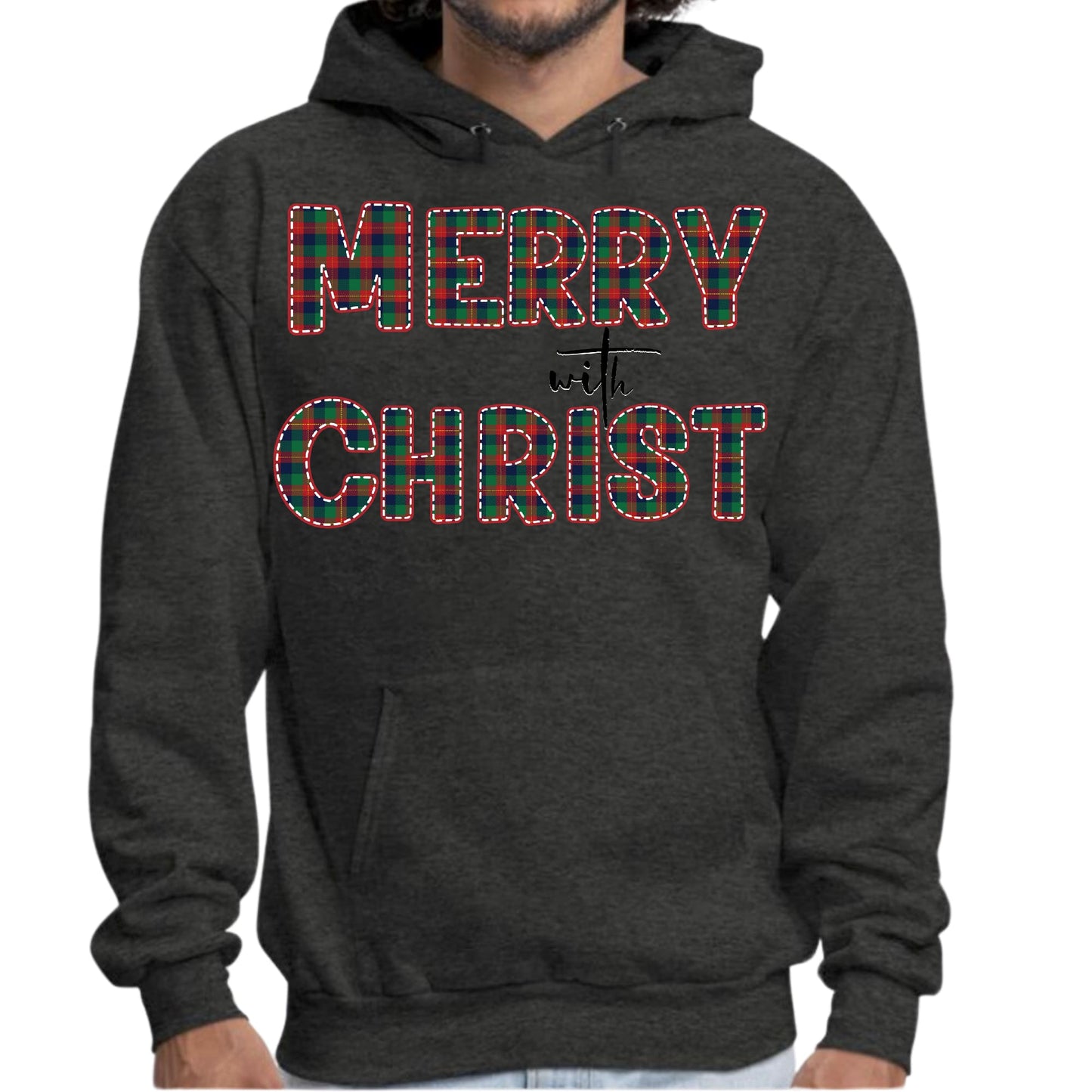 Mens Graphic Hoodie Merry with Christ - Red and Green Plaid Christmas-5