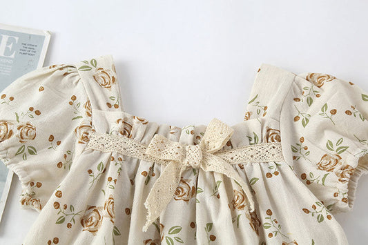 Baby Girl Floral Print Pattern Puff Sleeved Design Onesies With Bow Decoration In Summer-1