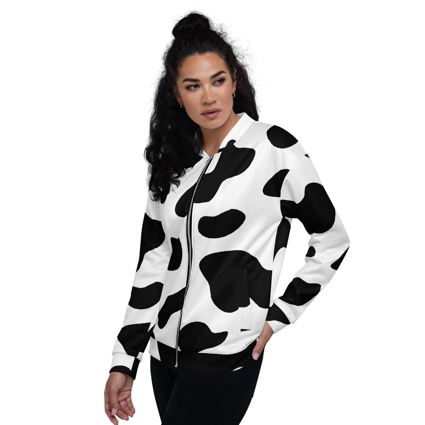 Womens Bomber Jacket - Black White Cow Print-3