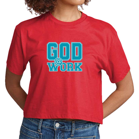 Womens Cropped Graphic T-shirt - God @ Work Blue Green and White Print-1