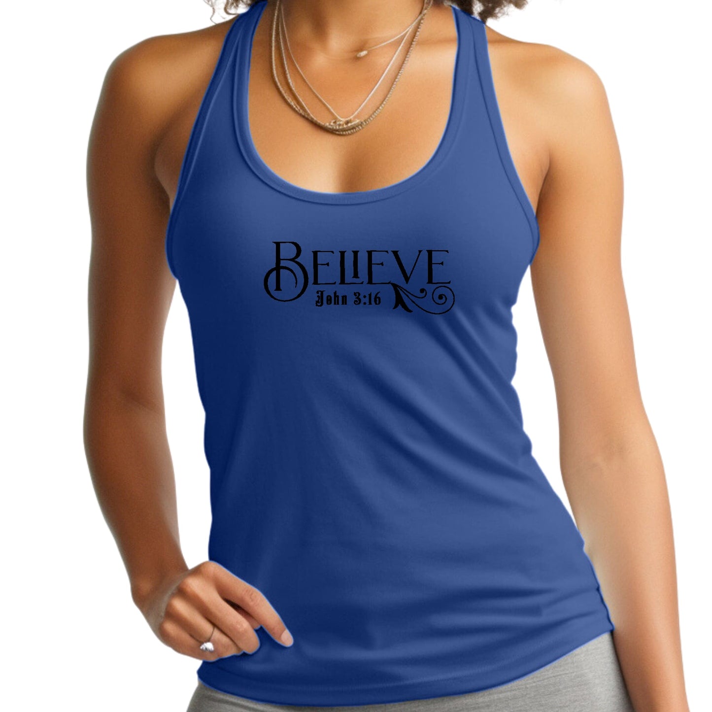 Womens Fitness Tank Top Graphic T-shirt - Believe John 3:16 Black-2