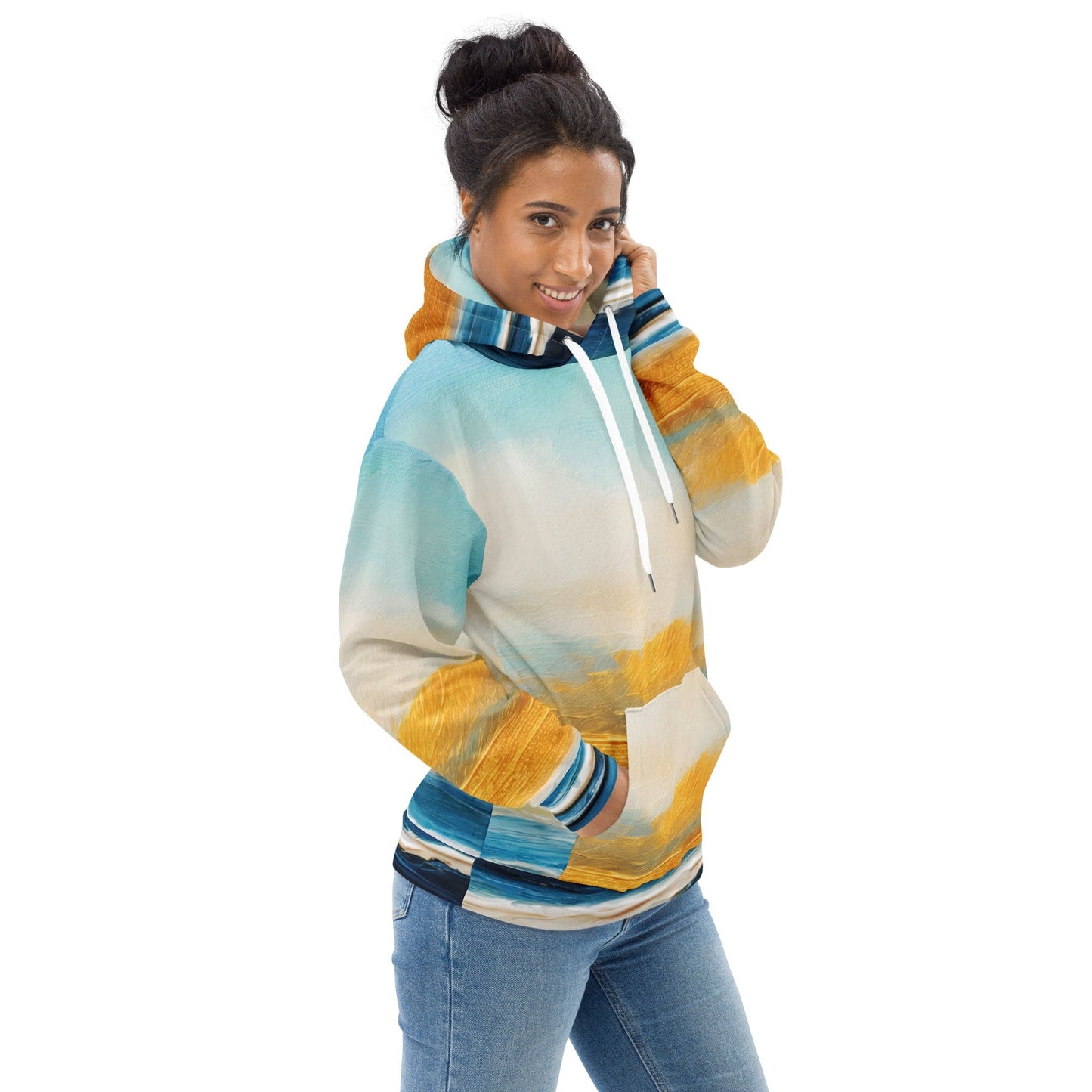 Womens Graphic Hoodie Blue Ocean Golden Sunset Print-1