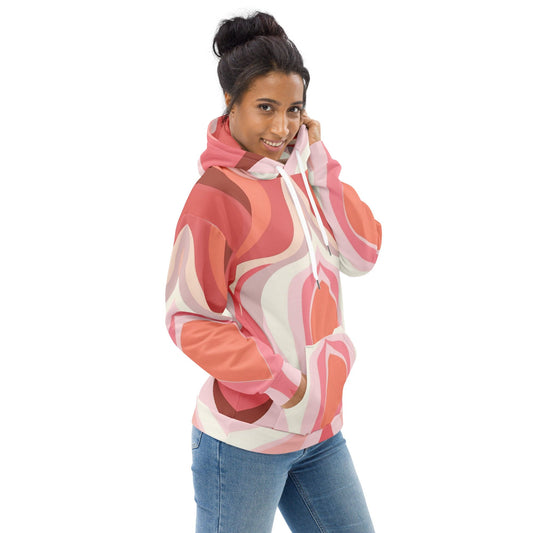 Womens Graphic Hoodie Pink White Boho Swirl Lines-1
