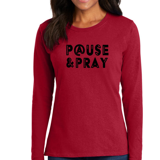 Womens Long Sleeve Graphic T-shirt - Pause and Pray Black Illustration-1
