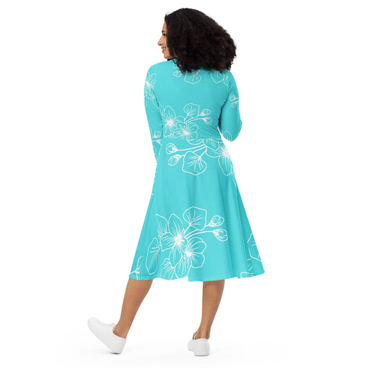 Womens Long Sleeve Midi Dress - Floral Cyan Blue 7022523-1