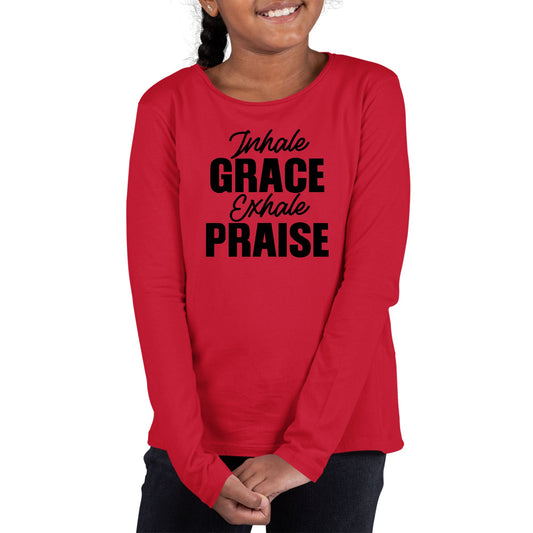 Youth Long Sleeve Graphic T-shirt - Inhale Grace Exhale Praise Black-1