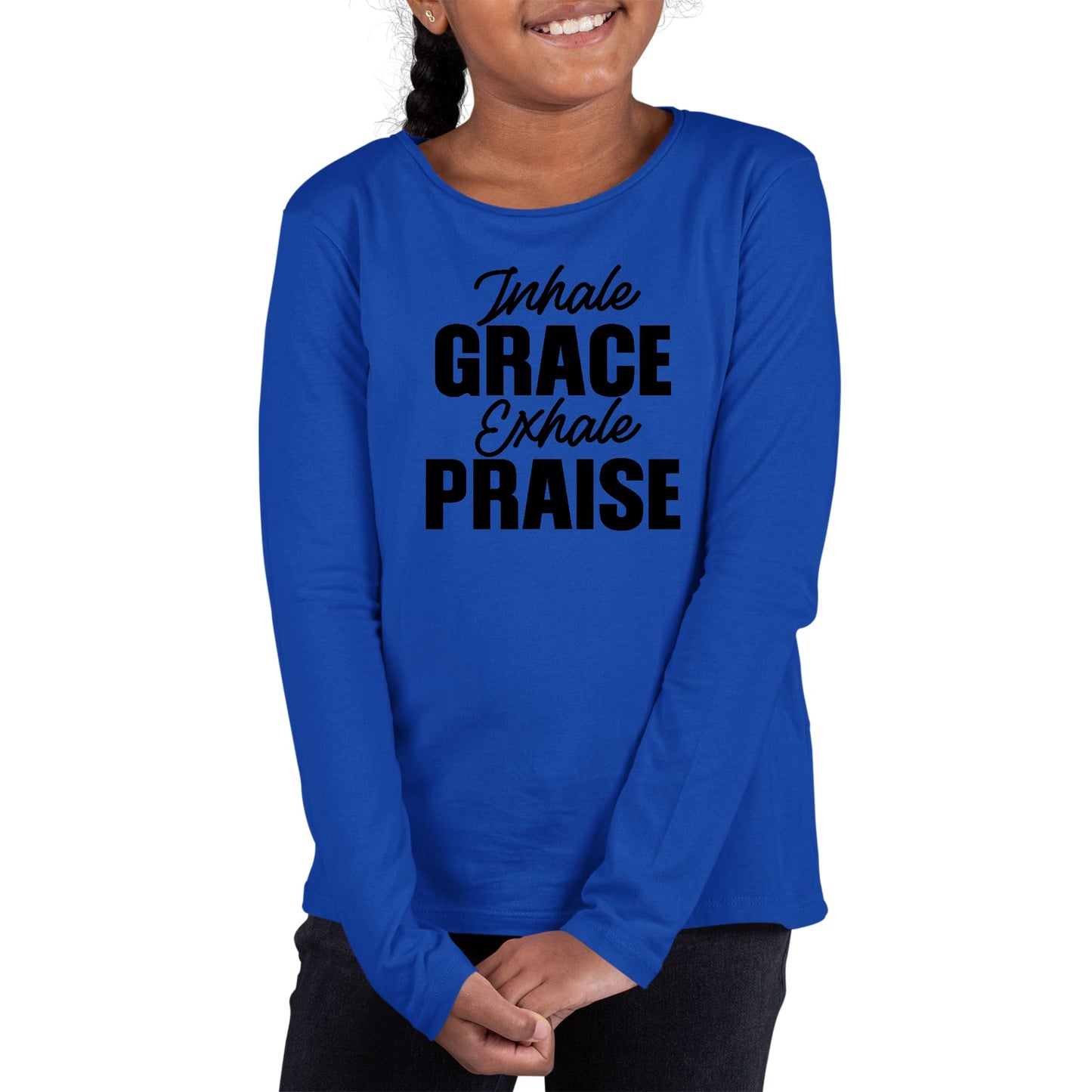 Youth Long Sleeve Graphic T-shirt - Inhale Grace Exhale Praise Black-2