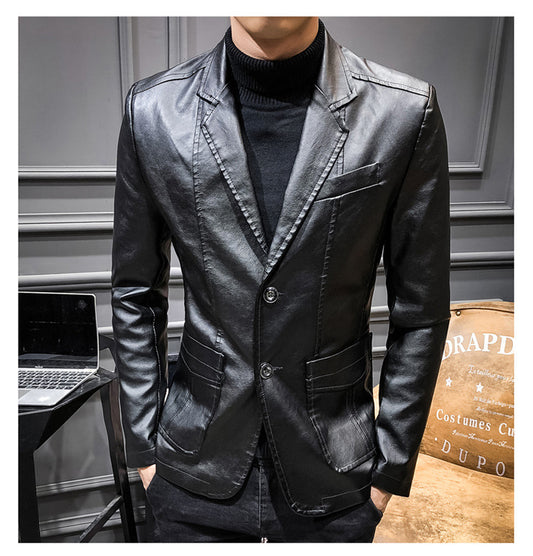 Plus Size Men's Lapel Solid Color Button Leather Suit, Loose Oversize Motorcycle Jacket Coat