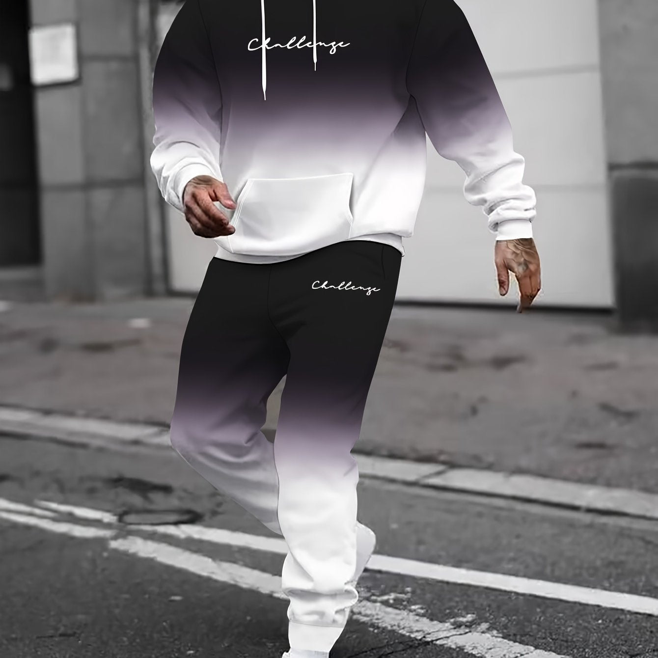 Men's Challenge Print Fashion Color Block Loungewear Set, Hoodie and Sweatpants Set, For Men