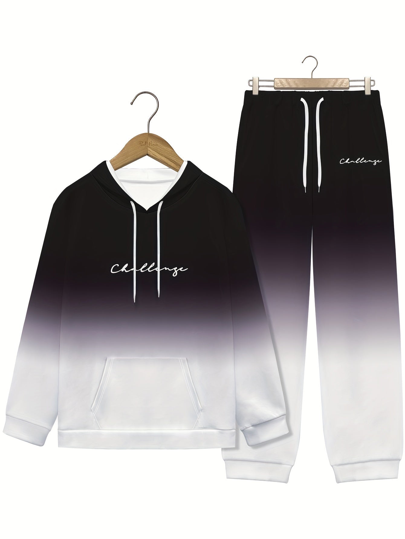 Men's Challenge Print Fashion Color Block Loungewear Set, Hoodie and Sweatpants Set, For Men