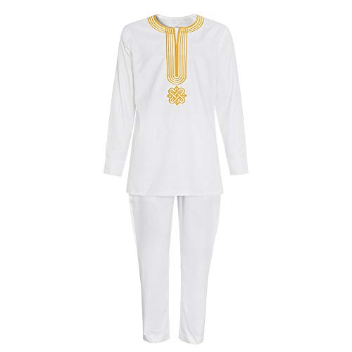 HD African Clothing Gold Embroidery Dashiki White Kaftan Pants Set for Men XL