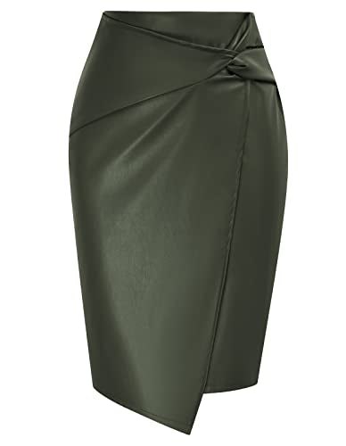 Kate Kasin Women Faux Leather Pencil Skirt Wrap Knot Knee Length Pencil Skirt Business Bodycon Skirt Army Green-Leather XL