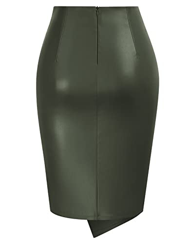 Kate Kasin Women Faux Leather Pencil Skirt Wrap Knot Knee Length Pencil Skirt Business Bodycon Skirt Army Green-Leather XL