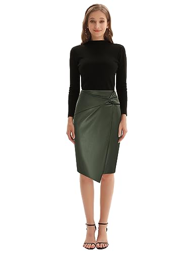 Kate Kasin Women Faux Leather Pencil Skirt Wrap Knot Knee Length Pencil Skirt Business Bodycon Skirt Army Green-Leather XL