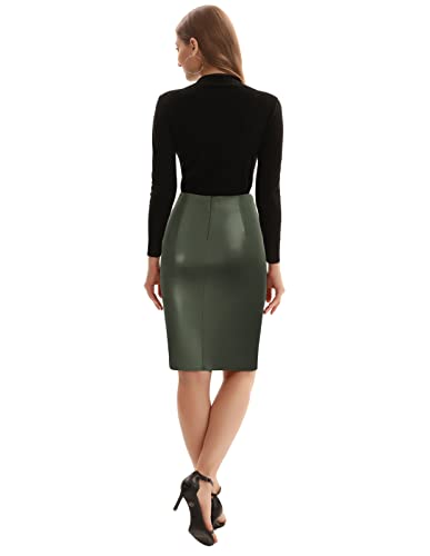 Kate Kasin Women Faux Leather Pencil Skirt Wrap Knot Knee Length Pencil Skirt Business Bodycon Skirt Army Green-Leather XL