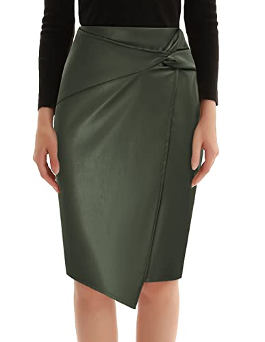 Kate Kasin Women Faux Leather Pencil Skirt Wrap Knot Knee Length Pencil Skirt Business Bodycon Skirt Army Green-Leather XL