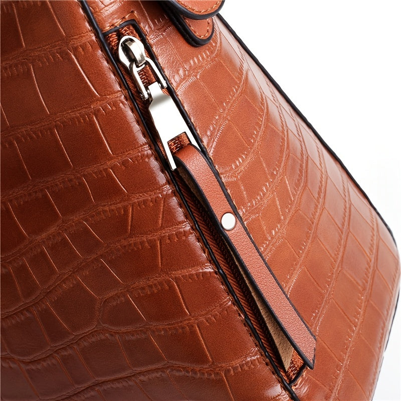 4pcs Croc Embossed Handbag Set, Tassel Decor Shoulder Bag & Wristlet Purse & Card Holder