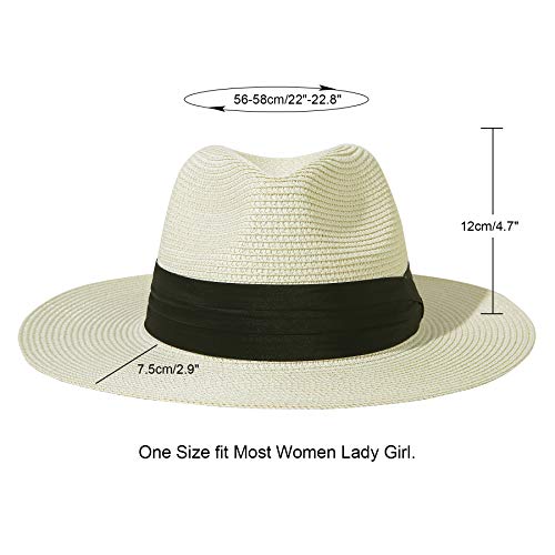 Lanzom Women Wide Brim Straw Panama Roll up Hat Fedora Beach Sun Hat UPF50+ (02-fold Belt Beige)