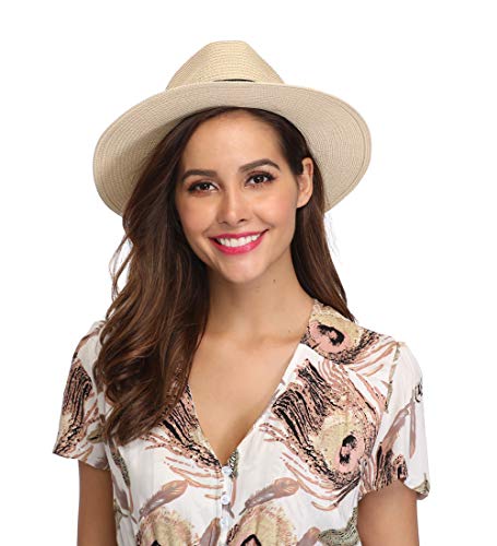 Lanzom Women Wide Brim Straw Panama Roll up Hat Fedora Beach Sun Hat UPF50+ (02-fold Belt Beige)