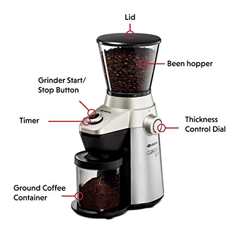 Ariete Conical Burr Electric Coffee Grinder - Professional Heavy Duty Stainless Steel | Ultra Fine Grind with Adjustable Cup Size | 15 Fine - Coarse Grind Size Settings