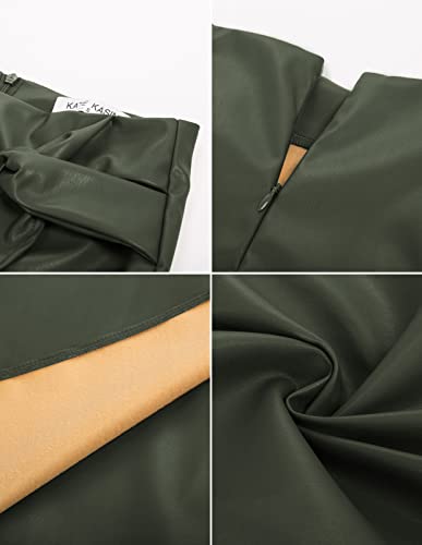 Kate Kasin Women Faux Leather Pencil Skirt Wrap Knot Knee Length Pencil Skirt Business Bodycon Skirt Army Green-Leather XL
