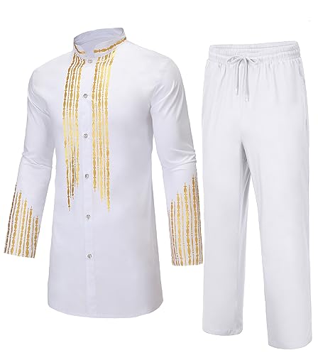 Daupanzees Men's 2 Piece Outfit Long Sleeve Button up Shirt and Pants Traditional Ethnic Suit