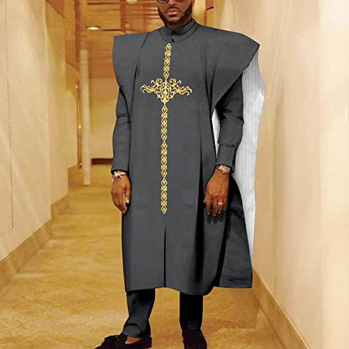 African Clothes for Men Embroidery Agbada Robe Shirts and Pants Set Dashiki Outfits Traditional Attire Gray XX-Large