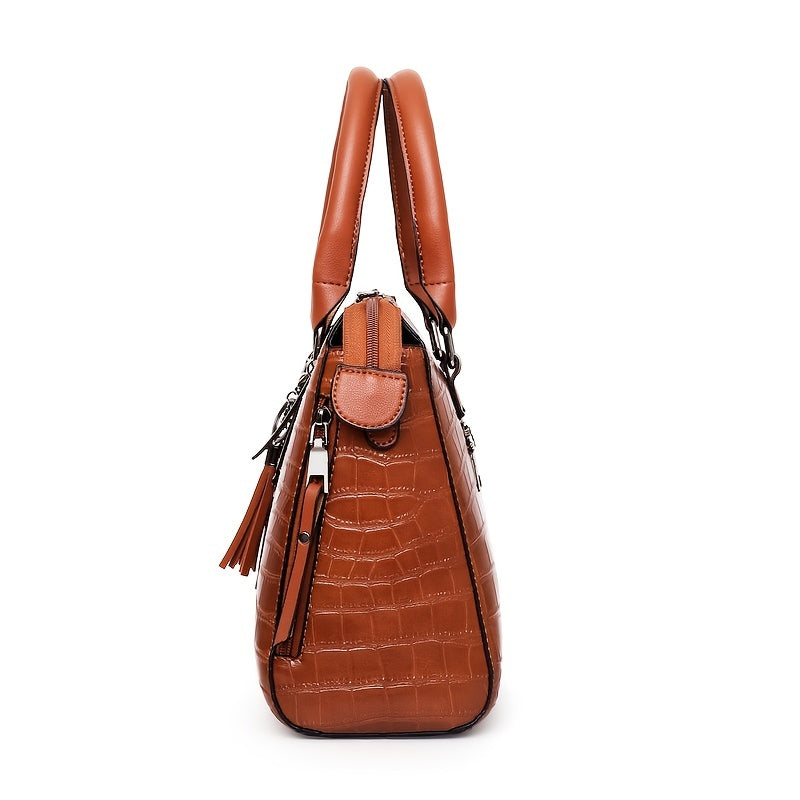 4pcs Croc Embossed Handbag Set, Tassel Decor Shoulder Bag & Wristlet Purse & Card Holder