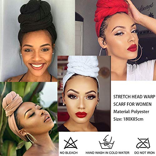YMHPRIDE 4 Pieces Stretch Jersey Turban Head Wrap Knit Headwraps Urban Hair Scarf Solid Color Ultra Soft Extra Long Breathable Head Band Tie for Women