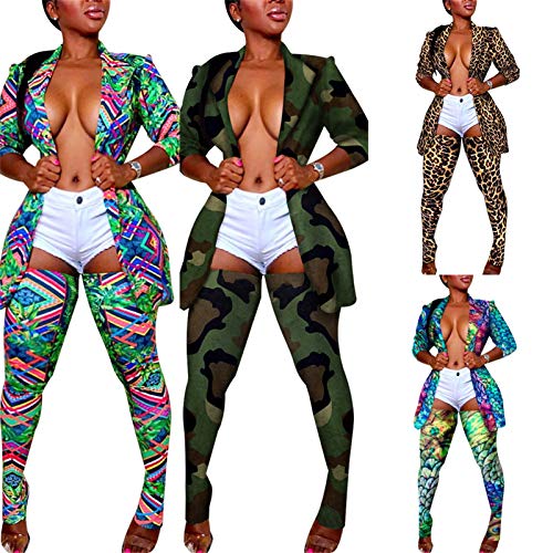 Womens Sexy Clubwear Camo Printed Blazer Coat with Long Socks Bodycon 2 Piece Sets Plus Size