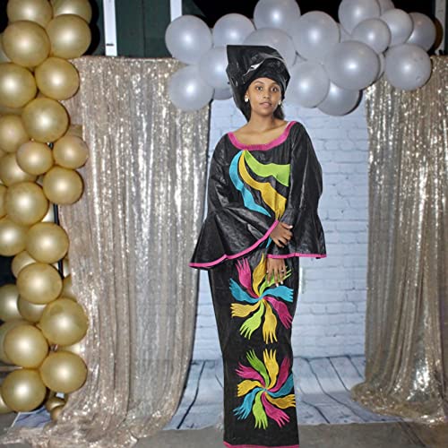 TIDOIRSA African Dresses for Women, 3/4 Sleeves Jacquard Fabric Wedding Dress with Scarf (2XL, Black)