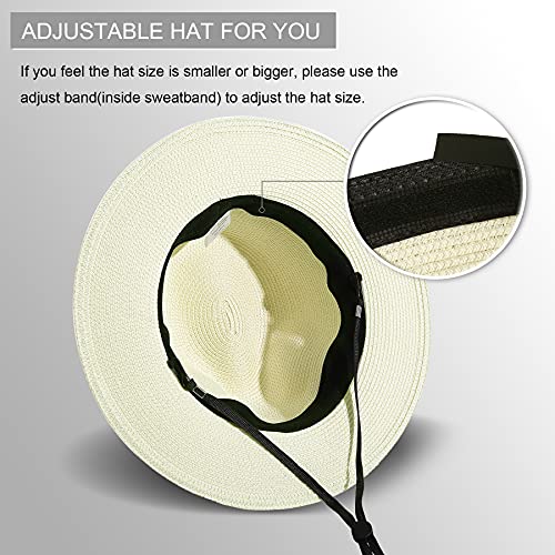 Lanzom Women Wide Brim Straw Panama Roll up Hat Fedora Beach Sun Hat UPF50+ (02-fold Belt Beige)
