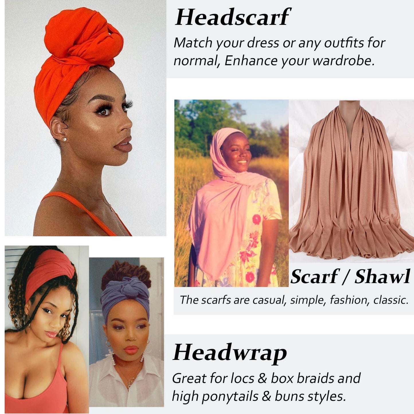 XTREND 4 Pieces Stretch Jersey Head Wrap Knit Turban Urban Hairband Scarf Fashion Headband Solid Color Breathable Ultra Soft Extra Long Head Band Tie for Women (Black, Army Green, Turmeric, Orange)
