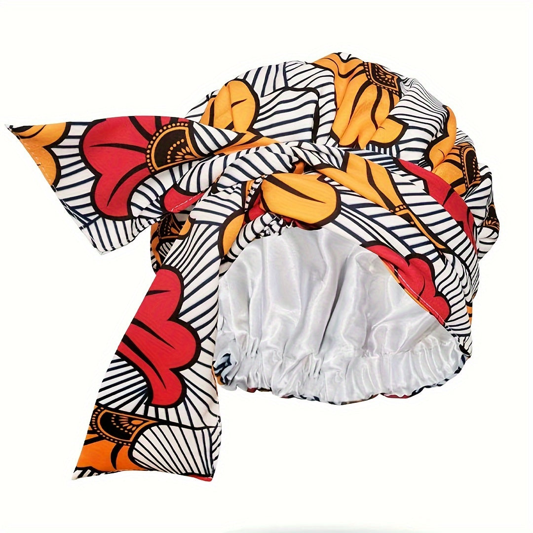 Boho Geometric Print Turban Hat Satin-Lined Head Wraps Vintage Lace Up Headscarf Beanies Bandanas For Women