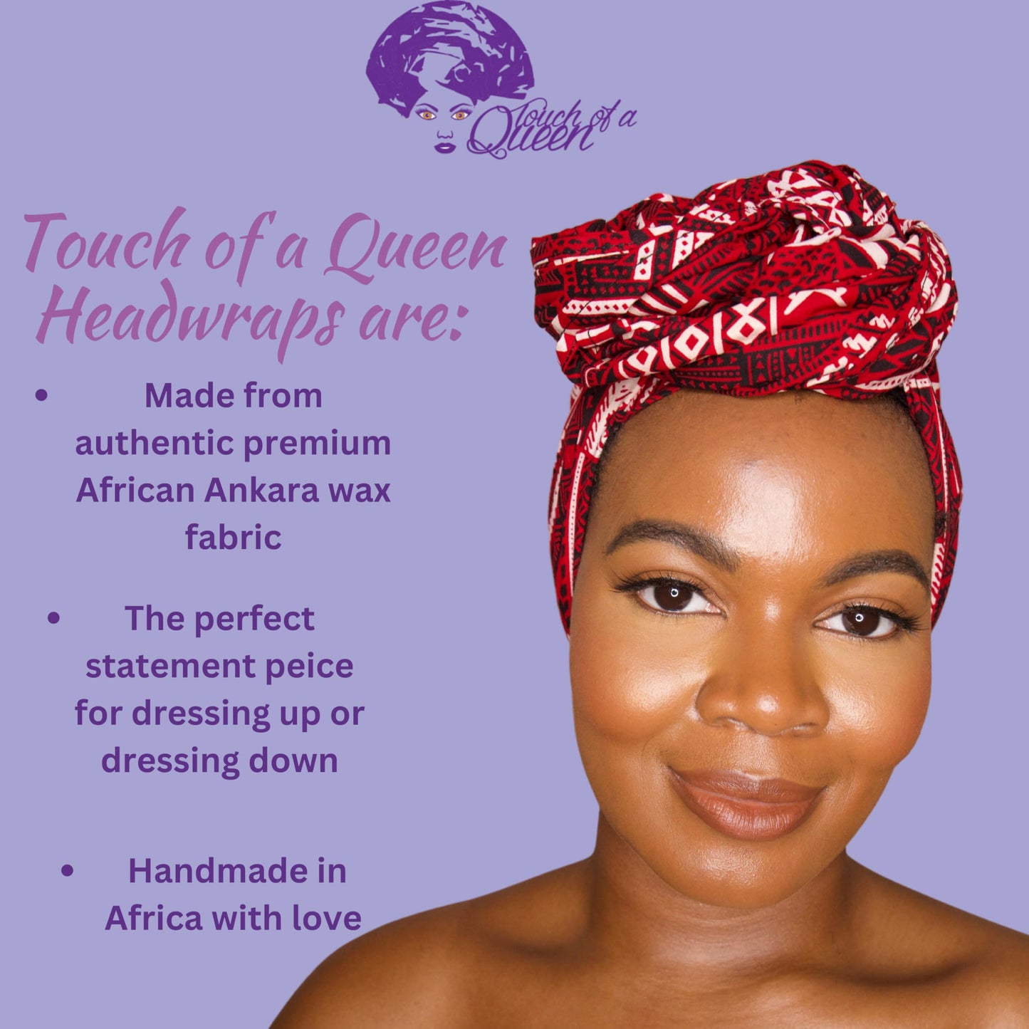 Touch of a Queen Kente Red African Print Pattern Head Wrap for Black Women Scarf Headband Turban Stole Headwrap for Women (Morayo Red Kente Ankara Head dress)