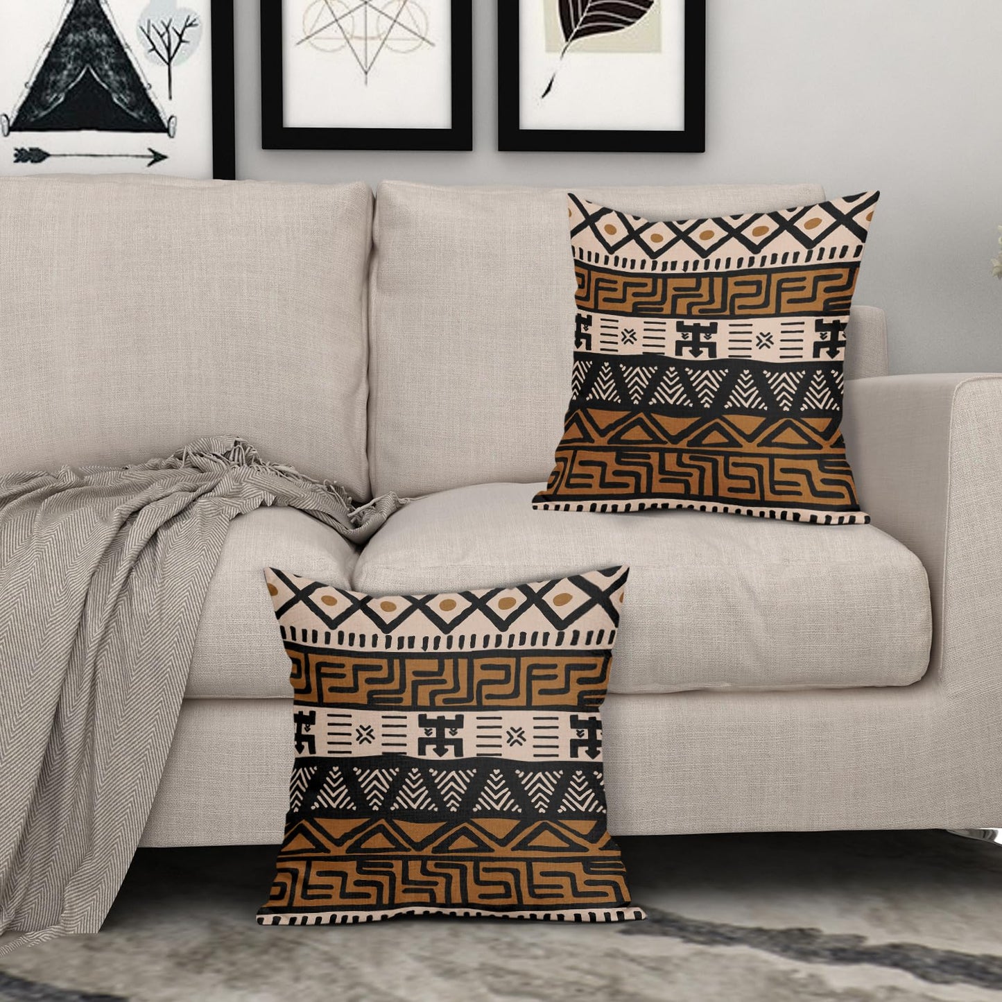 Sivirary African Print Pillow Covers 18x18 Inch Set of 2, Brown Black Ethnic Style Boho Decorative Throw Pillow Cases Modern Cushion Covers Bohemian Decoration Gift Farmhouse Sofa Couch Bed Decor