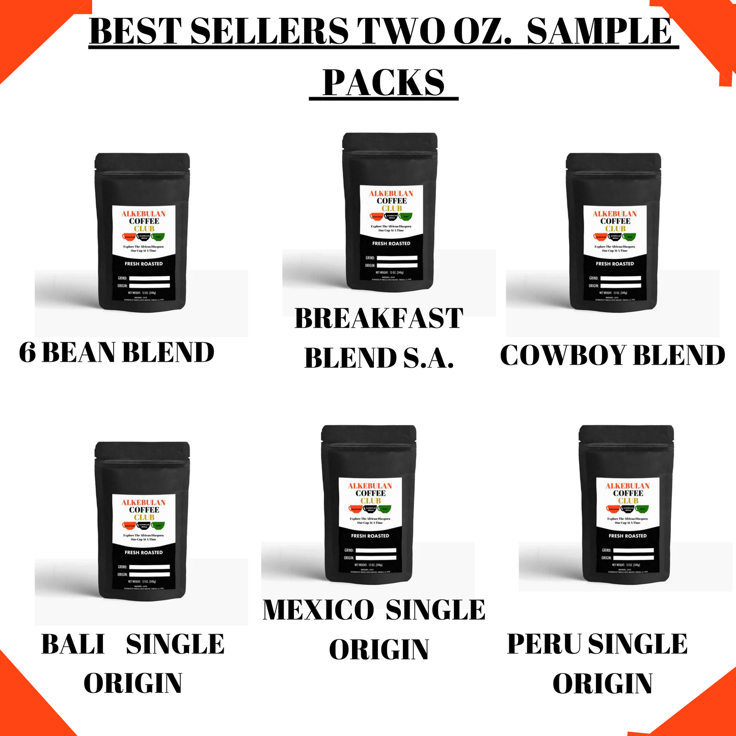 Best Sellers Sample Pack: 6Bean, Cowboy, Breakfast, Peru, Mexico, Bali