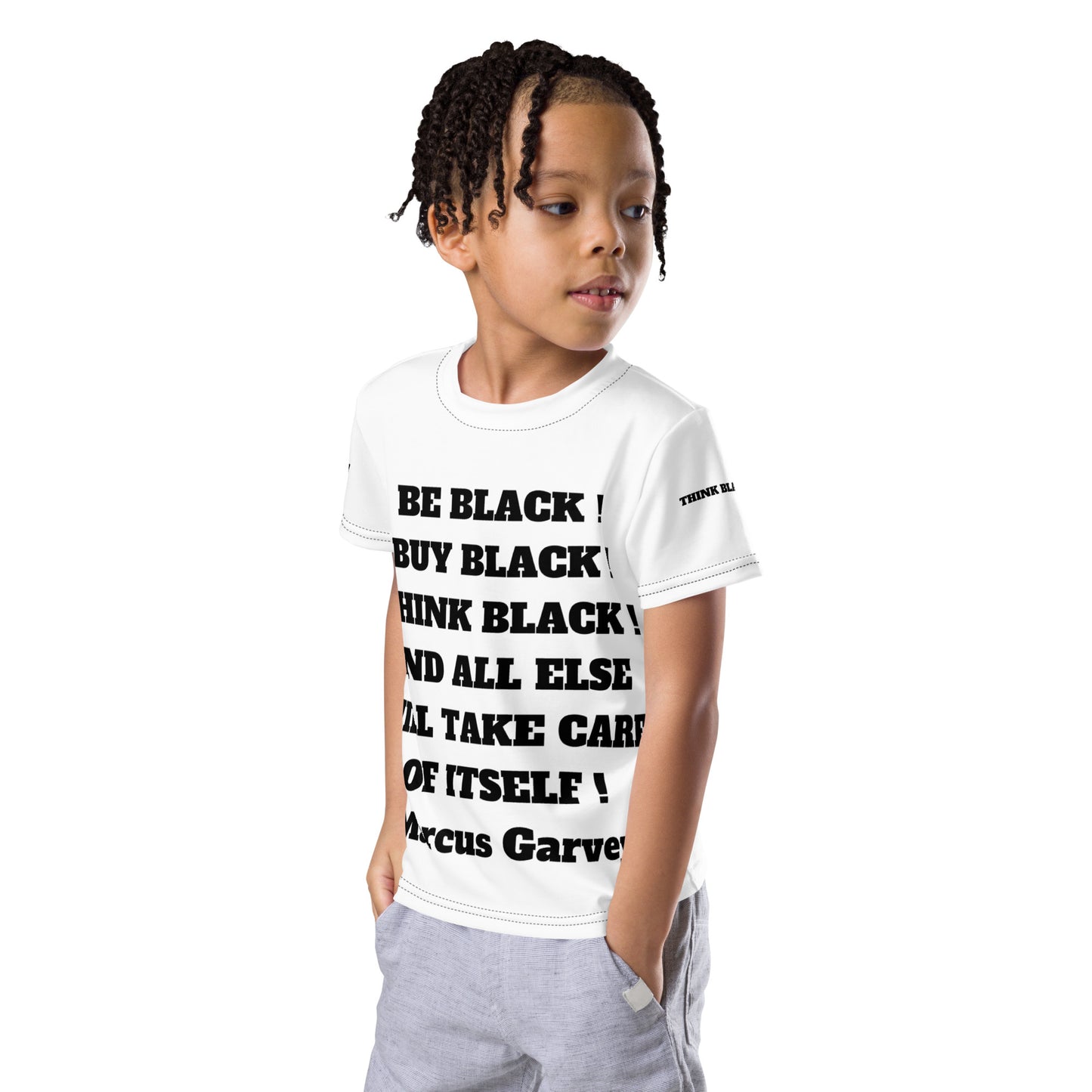 BE BLACK, THINK BLACK, BUY BLACK Kids Crew Neck T-Shirt by SobG Designs