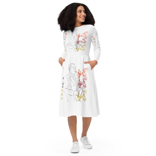 BIRD LIVES! Custom All-Over Print Long Sleeve Midi Dress by SobG Designs