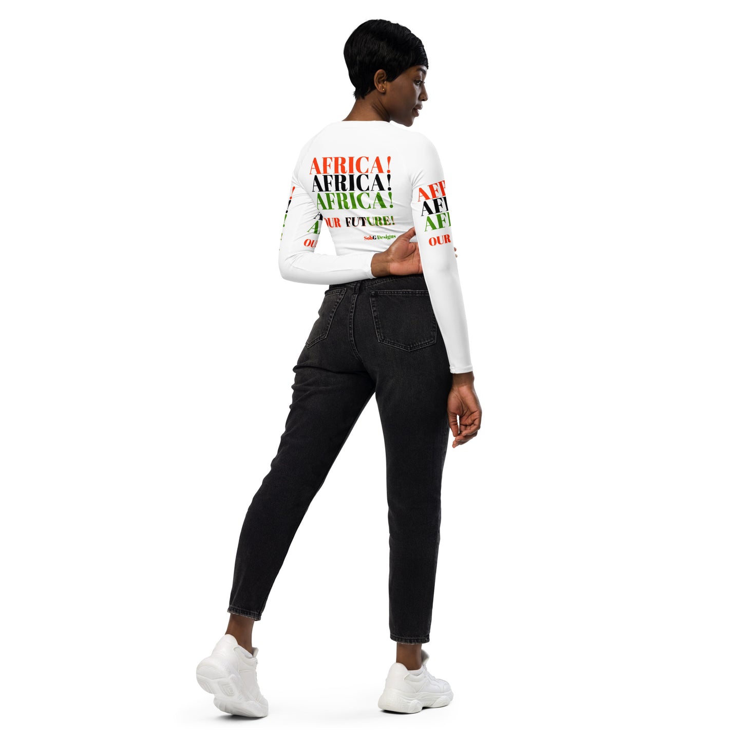 AFRICA! AFRICA! AFRICA! OUR FUTURE! Recycled Long-Sleeve Crop Top by SobG Designs