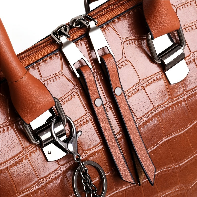 4pcs Croc Embossed Handbag Set, Tassel Decor Shoulder Bag & Wristlet Purse & Card Holder