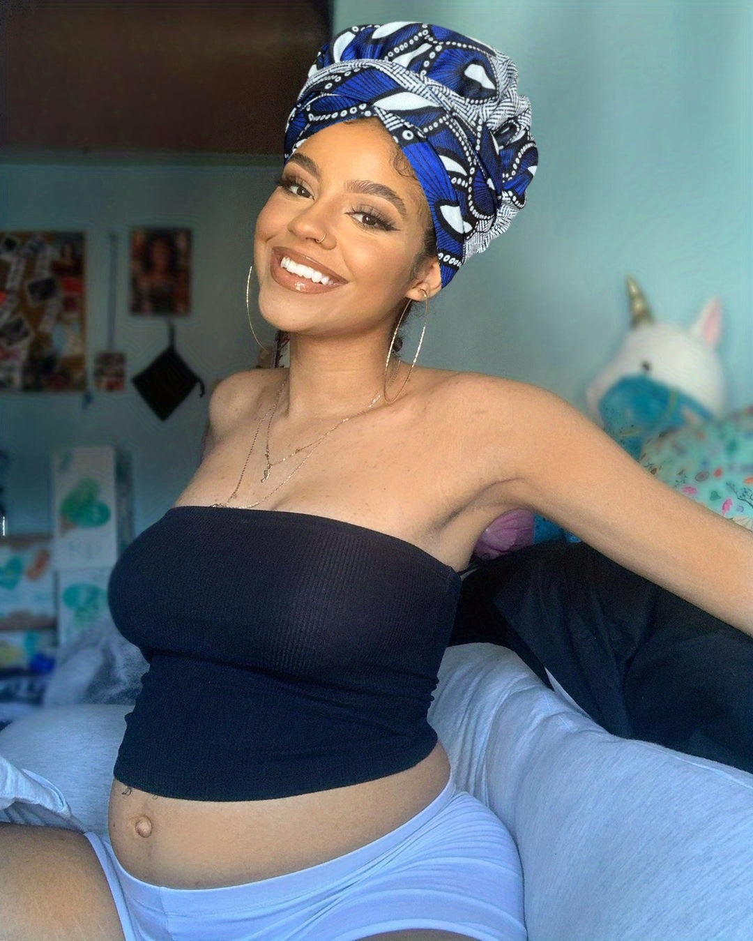 Boho Geometric Print Turban Hat Satin-Lined Head Wraps Vintage Lace Up Headscarf Beanies Bandanas For Women