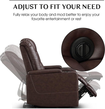 Electric Power Recliner Chair with USB Ports and Cup Holders, Breathable Leather Home Theater Seating with Hidden Arm Storage (Red Brown)-2