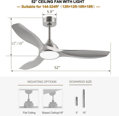 52 Inch Quiet DC Motor 6 Speed High CFM Modern Ceiling Fan with Lights Remote Control, 3 Blade Indoor Silver Ceiling Fan for Bedroom, Office, Living Room-2